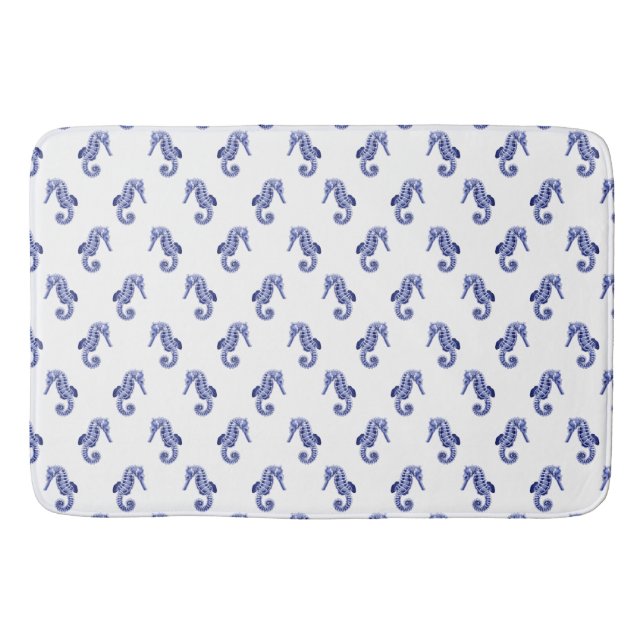 Blue and white seahorse print bath mat (Front)