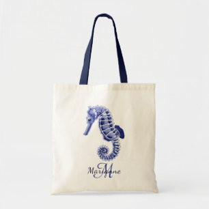 Blue and white seahorse tote bag