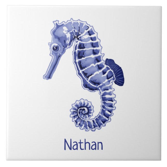 Blue and white seahorse with name ceramic tile (Front)