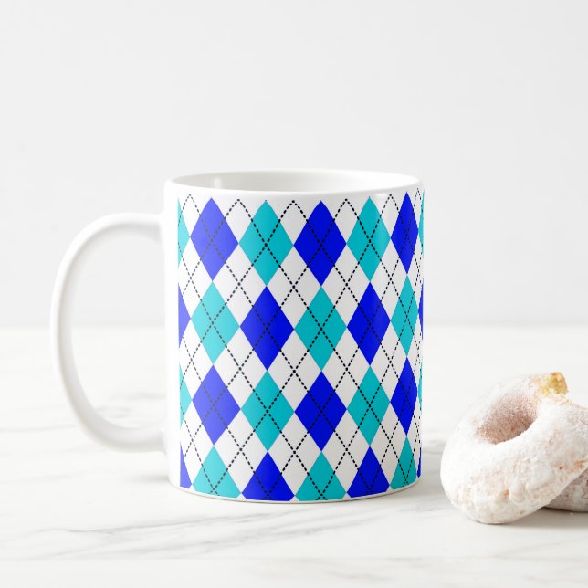 Blue and White Seamless Argyle Pattern Coffee Mug (With Donut)