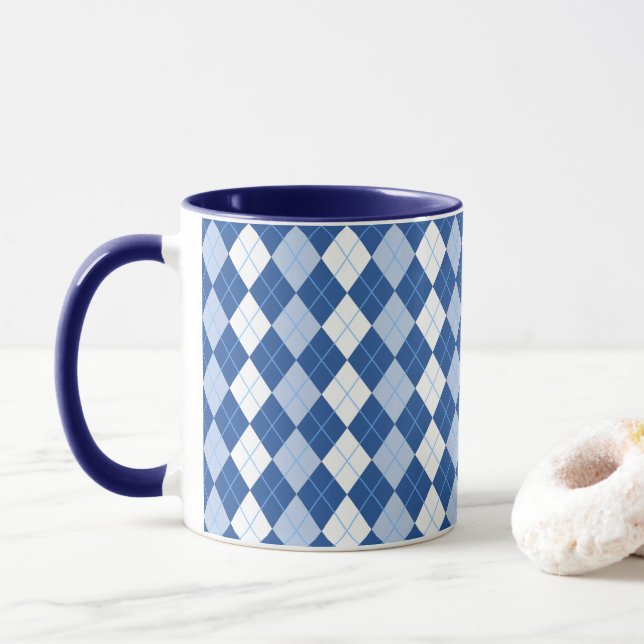 Blue and White Seamless Argyle Pattern Mug (With Donut)