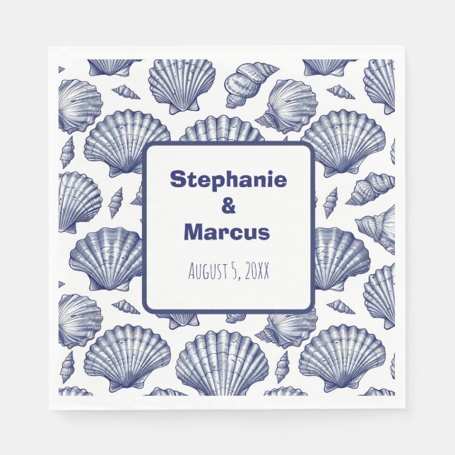 Blue and White Seashell Beach Wedding Napkins (Front)