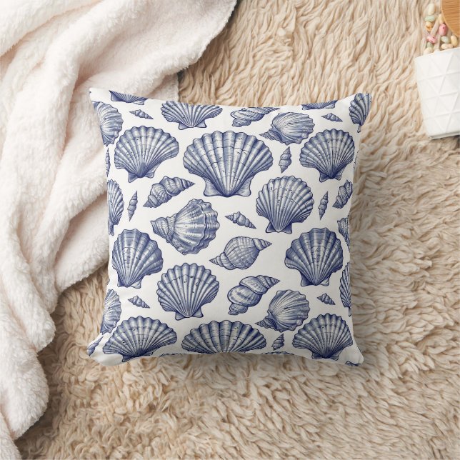 Blue and White Seashell Clam Shell Beach Decor Cushion (Blanket)