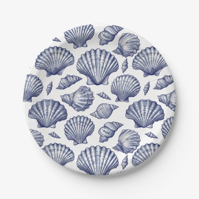 Blue and White Seashell Clam Shell Beach Plates (Front)