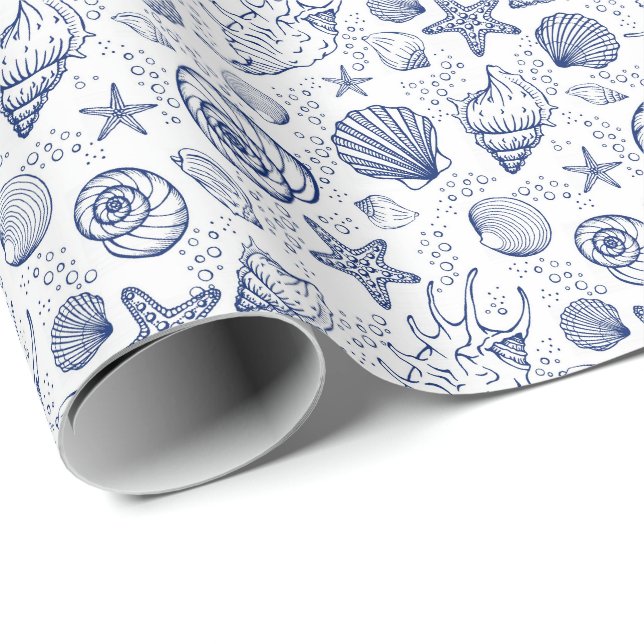 Blue and White Seashell Gift Wrapping Paper (Roll Corner)