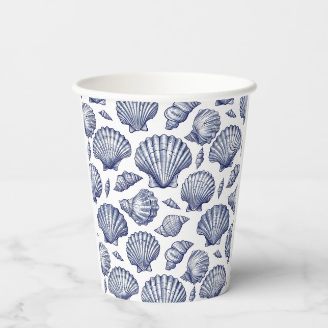 Blue and White Seashell Shell Beach Paper Cups (Back)