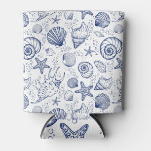 Blue and White Seashell Starfish Can Coolers