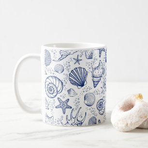 Blue and White Seashell Starfish Nautical Mug