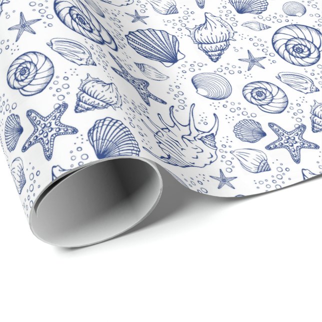 Blue and White Seashell Starfish Wrapping Paper (Roll Corner)