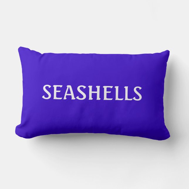 Blue and White SEASHELL Word Ocean Beach Theme Lumbar Cushion (Front)