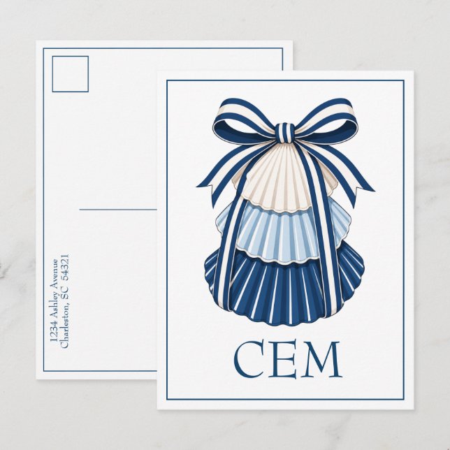 Blue and White Seashells and Ribbons Monogram Postcard (Front/Back)