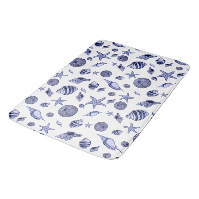 Blue and white seashells  bath mat (Angled)