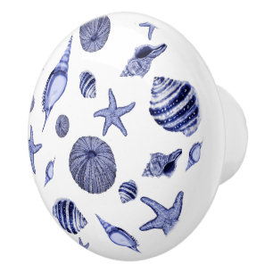 Blue and white seashells  ceramic knob