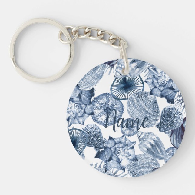 Blue and White Seashells Coastal Design Key Ring (Front)