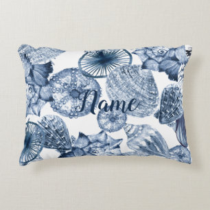 Blue and White Seashells Coastal Design Name Decorative Cushion