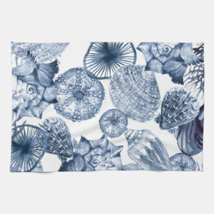 Blue and White Seashells Coastal Design Tea Towel