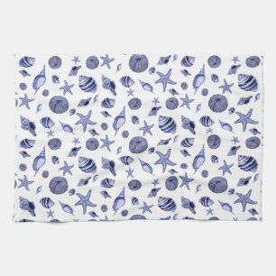 Blue and white seashells  tea towel