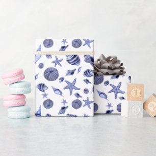 Blue and white seashells  wrapping paper