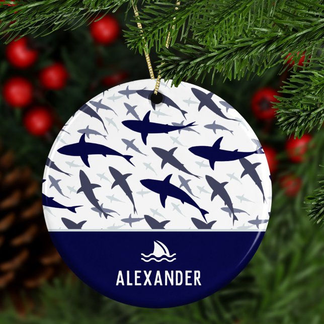 Blue and White Shark Pattern w/ Name Boy Christmas Ceramic Ornament (Creator Uploaded)