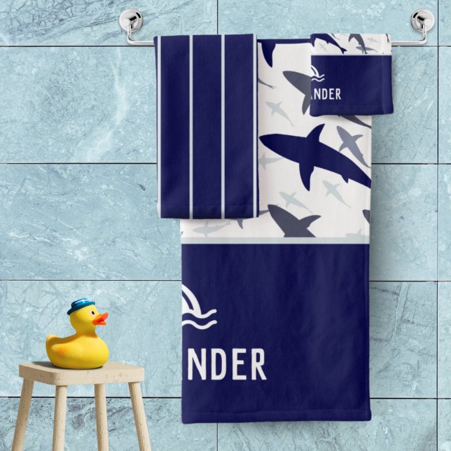 Blue and White Shark Pattern with Name Boy Bath Towel Set (Creator Uploaded)