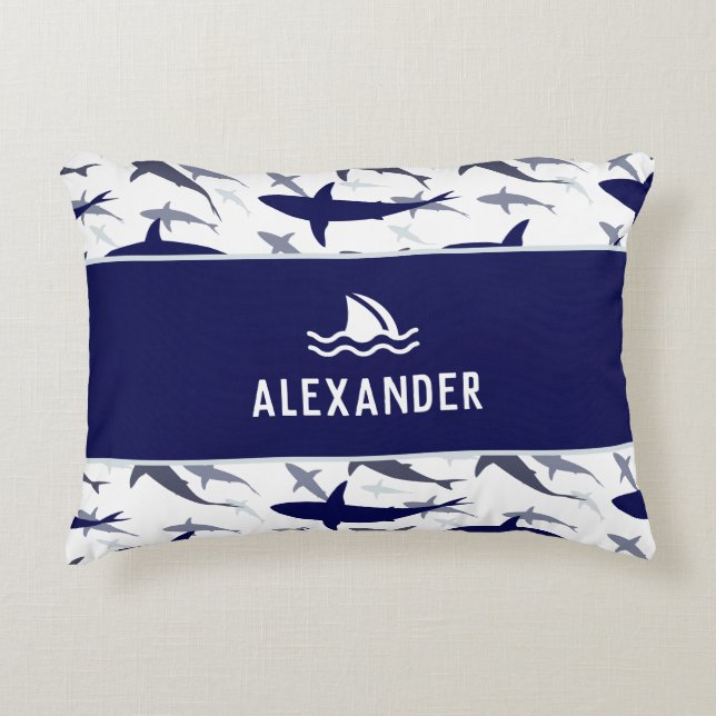 Blue and White Shark Pattern with Name Boy Decorative Cushion (Front)