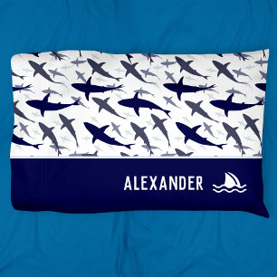 Blue and White Shark Pattern with Name Boy Pillowcase