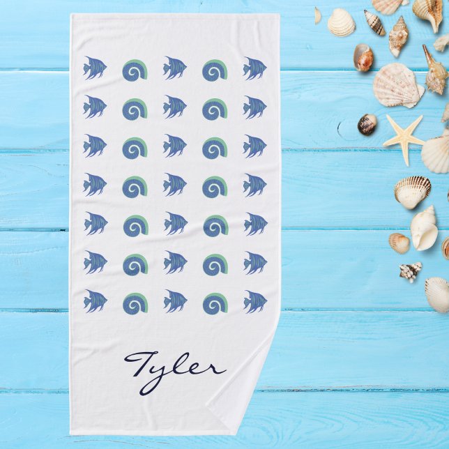 Blue and White Shell Fish Name Beach House Bath Towel Set (Creator Uploaded)