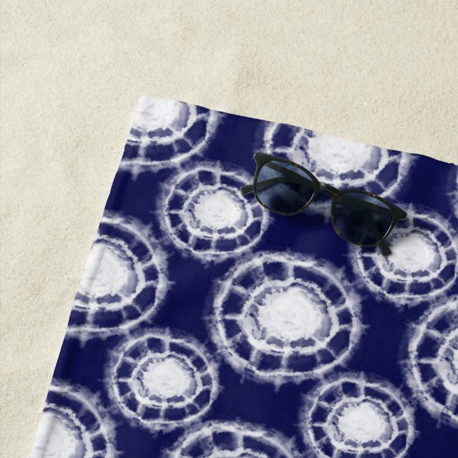 Blue and White Shibori Circles Pattern  Beach Towel (In Situ)