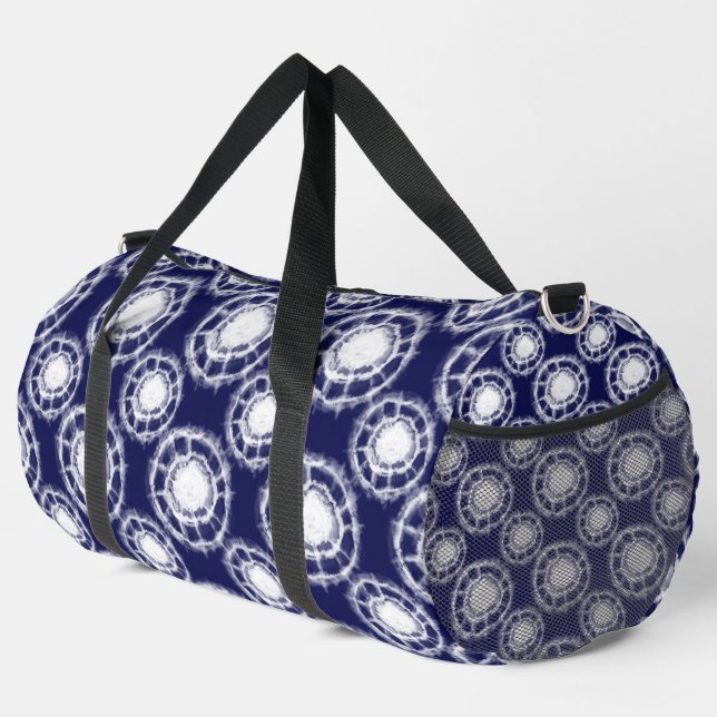 Blue and White Shibori Circles Pattern  Duffle Bag (Right Corner)