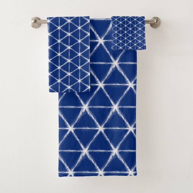 Blue and White Shibori Lines Pattern  Bath Towel Set (Insitu)