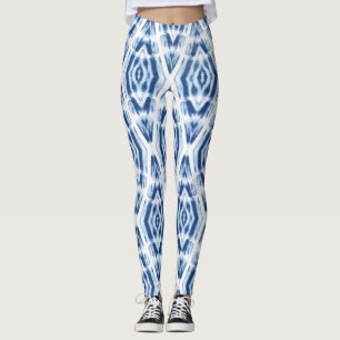 Blue and White Shibori Tie Dye Abstract Pattern Leggings