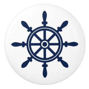 Blue and White, Ship's Wheel, Nautical Ceramic Knob