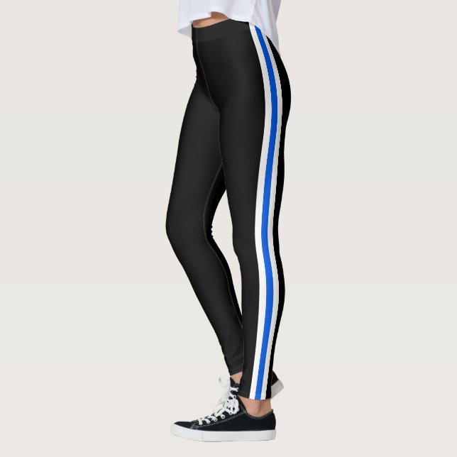 Blue and White Side Stripe Black Leggings (Left)