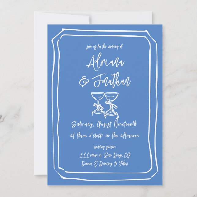 Blue and White Simple Modern Hand Drawn Wedding Invitation (Front)