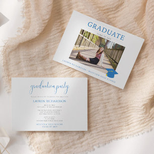 Blue and White Simple Photo Graduation Party Invitation