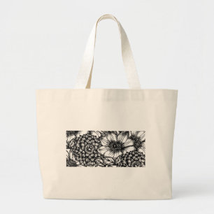 Blue and White Sketch Flowers Large Tote Bag