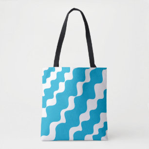 Blue and white slanting waves pattern tote bag