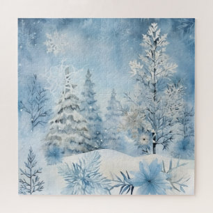 Blue and White Snowfall Trees In Winter Snow  Jigsaw Puzzle