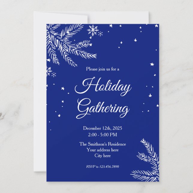 Blue and White Snowflake 5"x7" Holiday Gathering Invitation (Front)