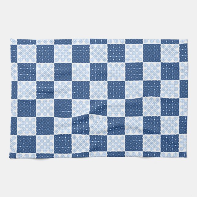 Blue and White Snowflake Chequerboard Towel (Horizontal)