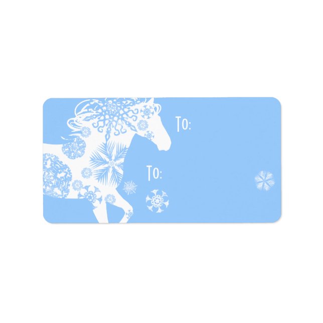 Blue and White Snowflake Christmas Horse Label (Front)