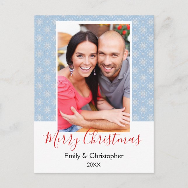 Blue and White Snowflake Christmas Photo Card (Front)
