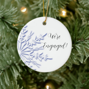 Blue and White Snowflake Engagement Ceramic Ornament