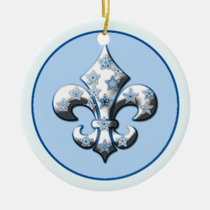 Blue and White Snowflake Fleur de Lis Ornament