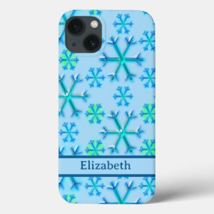 Blue and White Snowflake Hexagon Pattern Name iPhone 13 Case