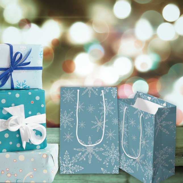 Blue and White Snowflake Holiday Gift Bag (Blue and white snowflake Christmas gift bag.)