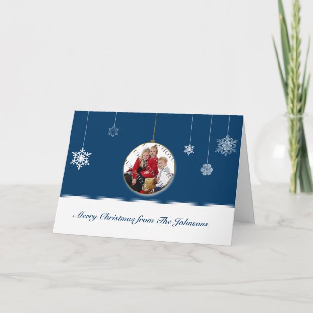 Blue and White Snowflake Ornament Photo Holiday Card (Front)