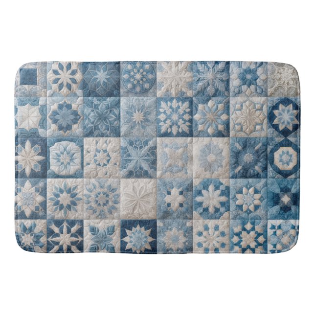 Blue and White Snowflake Quilt Bath Mat (Front)