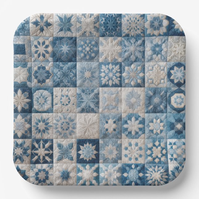 Blue and White Snowflake Quilt Paper Plate (Front)