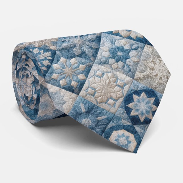 Blue and White Snowflake Quilt Tie (Rolled)
